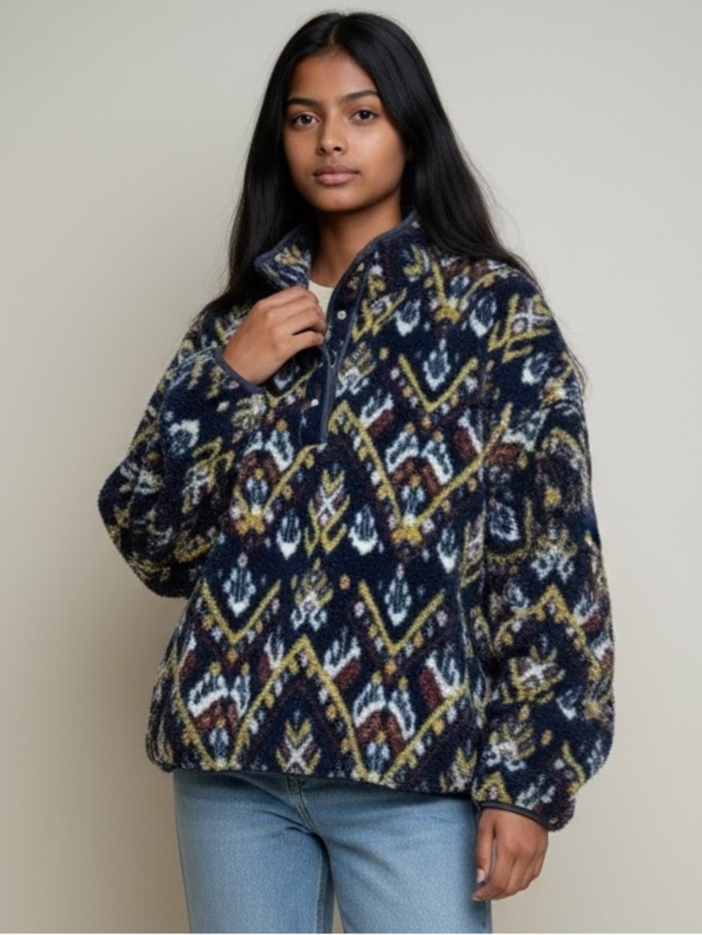 Wonderly Studio Aztec Sherpa Fleece Snap Pullover Jacket Size 2X Plus Blue Cozy